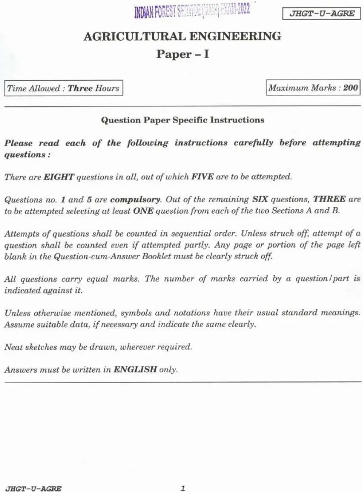 Agricultural Engineering Paper I (2022) – IFS Main Exam — page 1 instructions scan PDF download