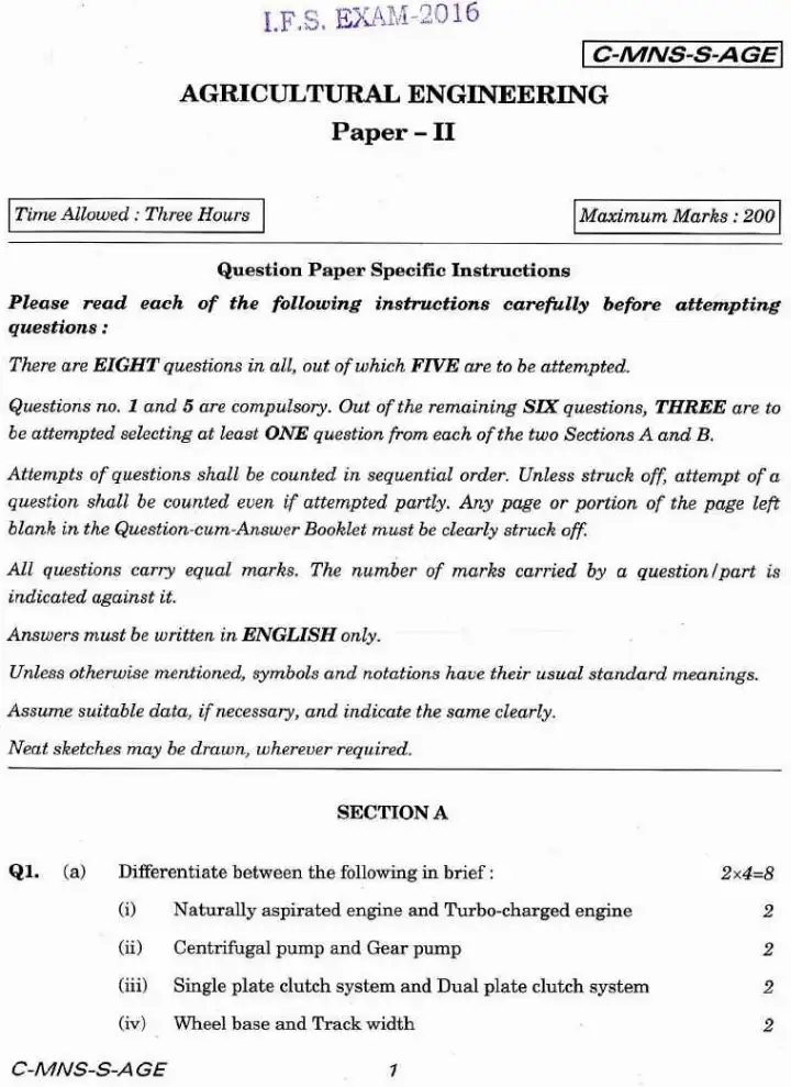 Agricultural Engineering Paper II 2016 IFS — page 1 instructions scan PDF download