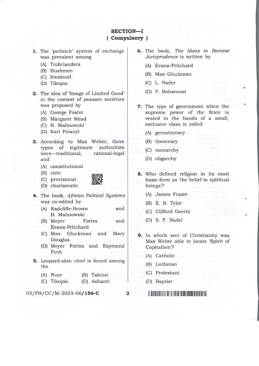 Anthropology CCE Exam Question Paper — page 1 instructions scan PDF download