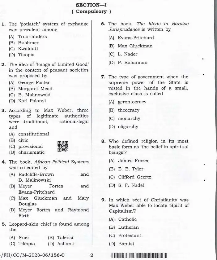 Anthropology CCE Exam Question Paper — page 1 instructions scan PDF download