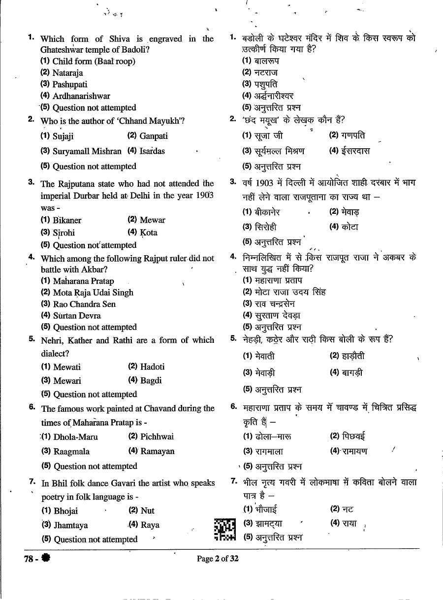 Archives Department Recruitment 2024 Chemist question paper page 1 instructions scan PDF download RPSC