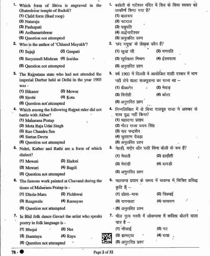 Archives Department Recruitment 2024 Chemist question paper page 1 instructions scan PDF download RPSC