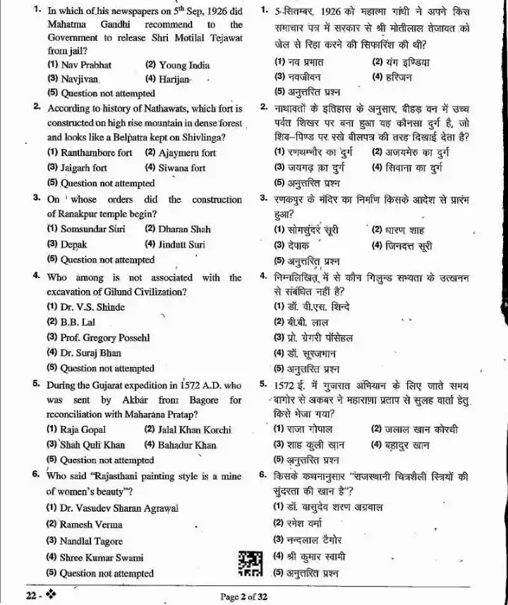 Archives Department Recruitment 2024 question paper page 1 instructions scan PDF download RPSC GK Concerned Subject