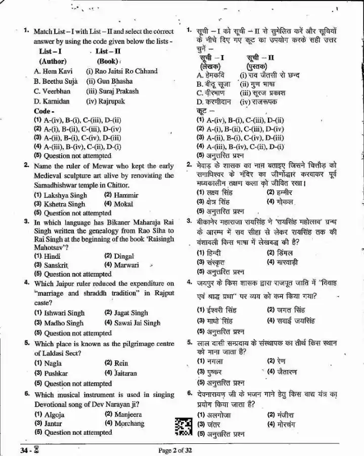 Archives Department Recruitment 2024 question paper page 1 instructions scan PDF download RPSC Assistant Archivist GK Concerned Subject