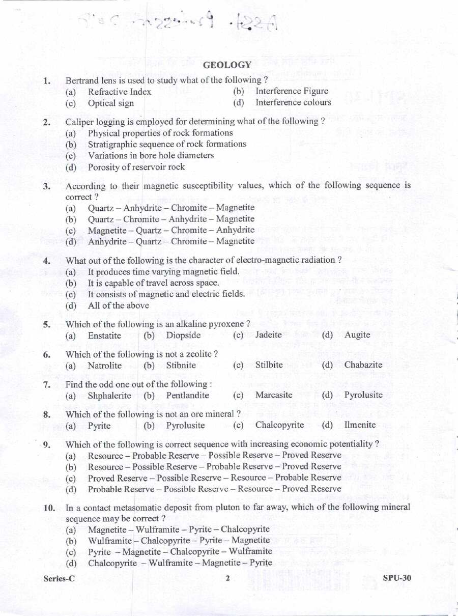 Assistant Professor Exam 2017 - Geology Question Paper — page 1 instructions scan PDF download