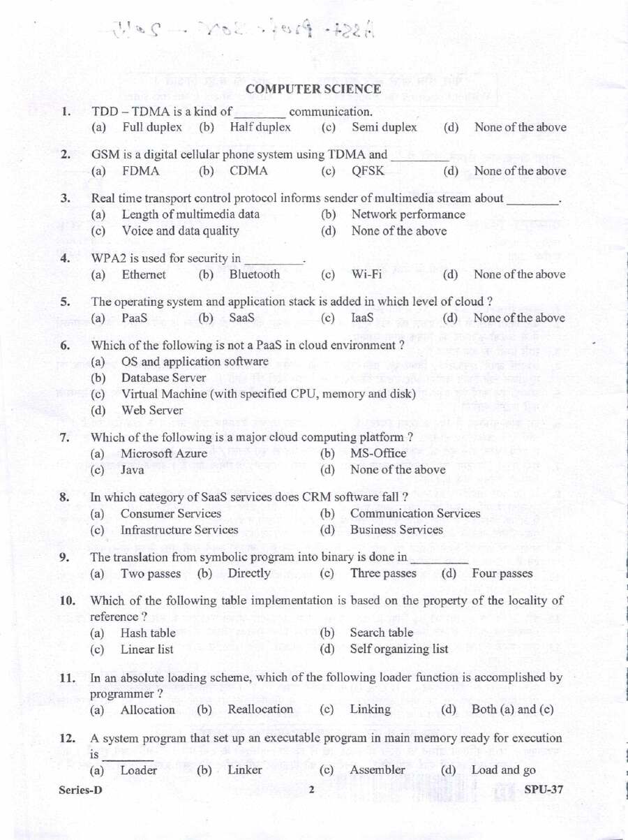 Assistant Professor Computer Science 2017 question paper page 1 instructions scan PDF download UKPSC