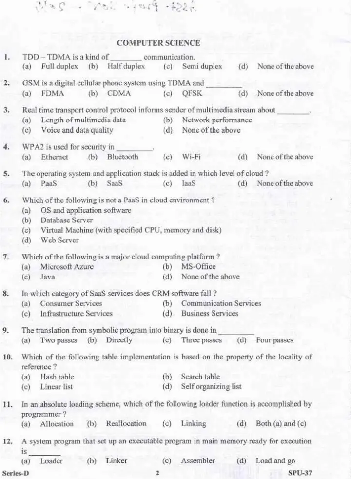 Assistant Professor Computer Science 2017 question paper page 1 instructions scan PDF download UKPSC