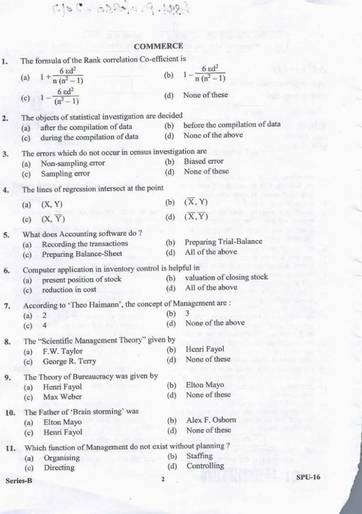 Assistant Professor Exam 2017 - Commerce Objective Questions — page 1 instructions scan PDF download