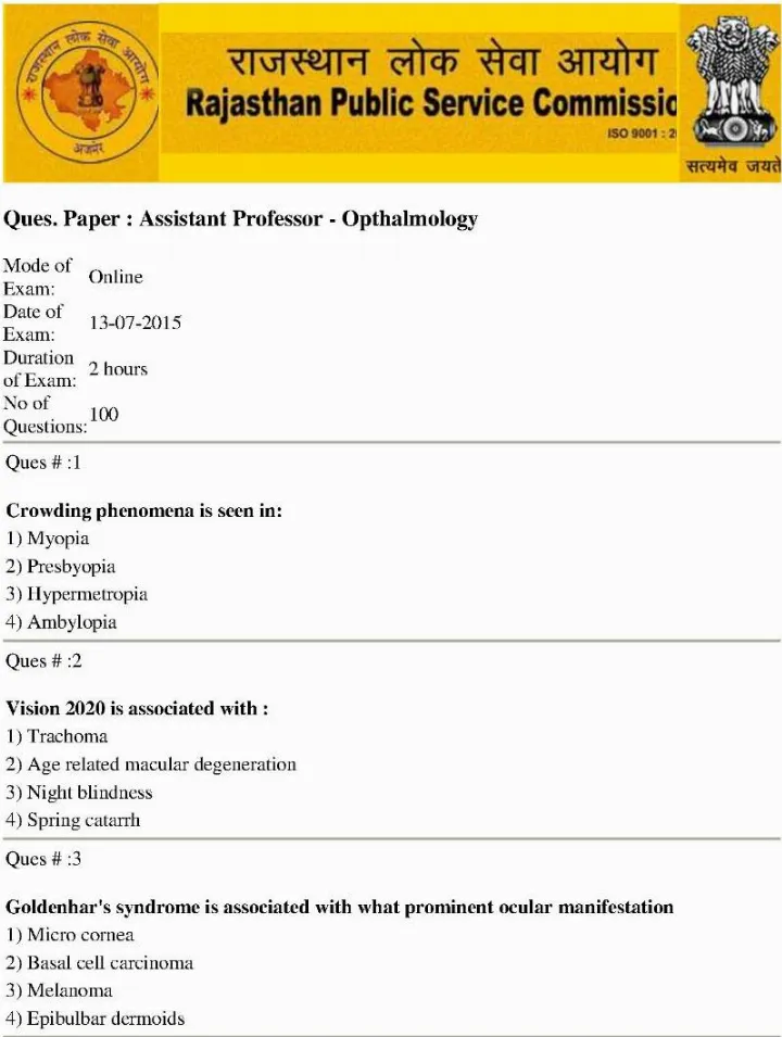 Assistant Professor Ophthalmology 2014 RPSC question paper page 1 instructions scan PDF download