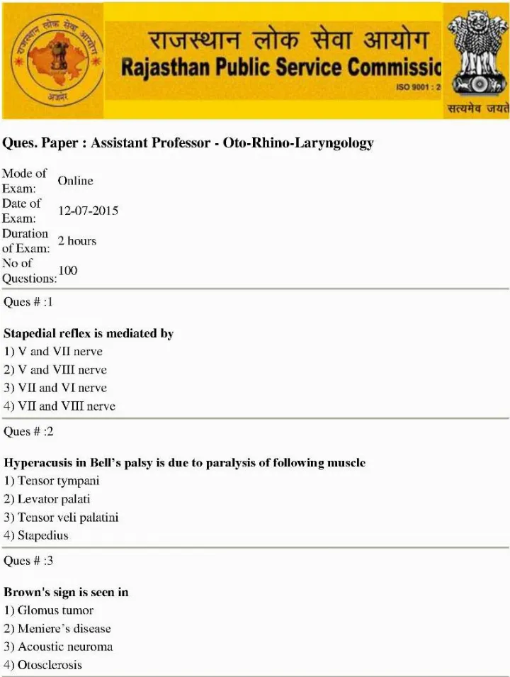 RPSC Assistant Professor Oto Rhino Laryngology 2014 question paper page 1 instructions scan PDF download