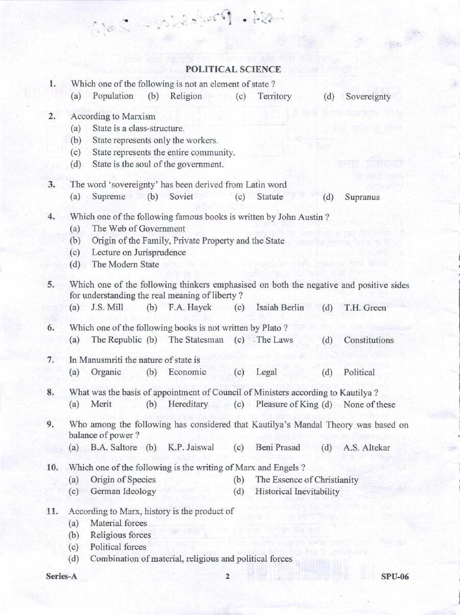 Assistant Professor Political Science Exam 2017 Question Paper — page 1 instructions scan PDF download