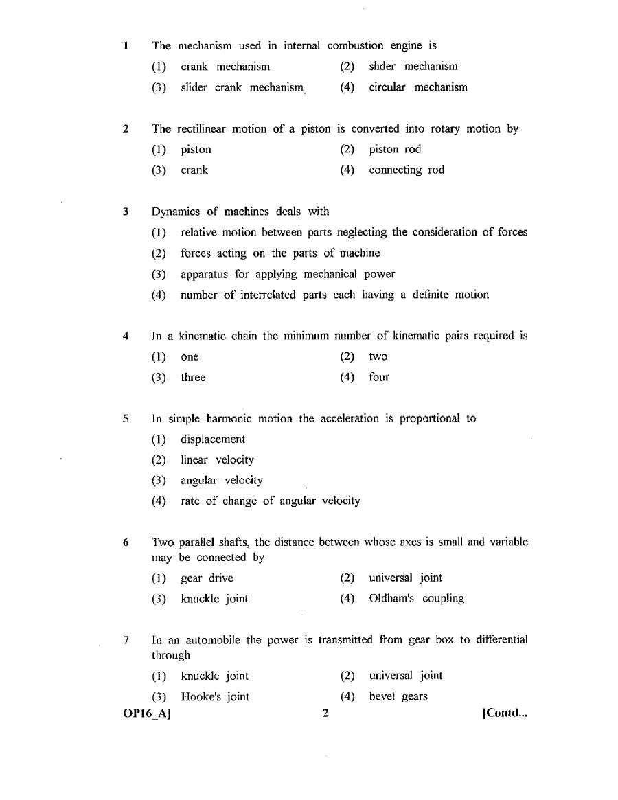 ASST. CONSERVATOR FOREST EXAM 2011 Mechanical Engineering question paper page 1 instructions scan PDF download. RPSC ACF exam header, paper code OP16, marks 100, time 3 hours.