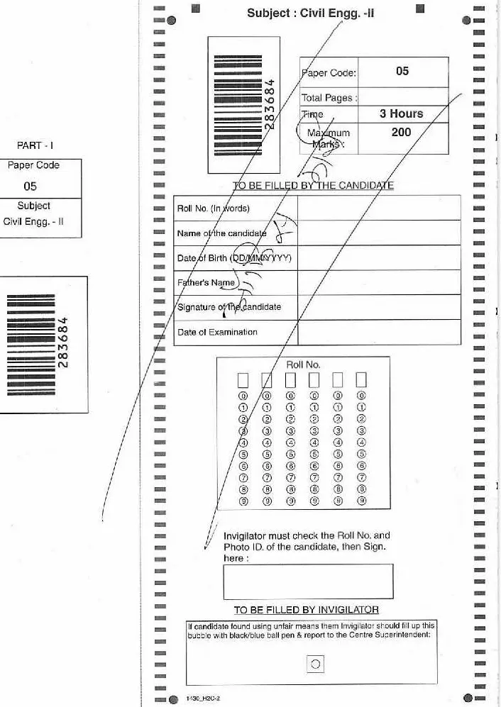 ASST. ENGINEER COMB. COMP. EXAM 2018 Civil Engg.-II question paper page 1 scan PDF download, RPSC AE Mains exam header, candidate details, invigilator instructions.