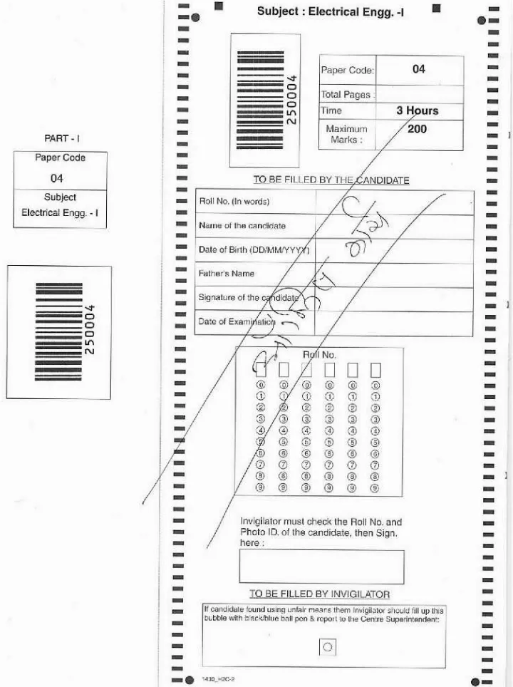 Asst. Engineer Comb. Comp. Exam 2018 Mains Electrical Engineering Paper I question paper page 1 scan, RPSC exam header, candidate details section, PDF download