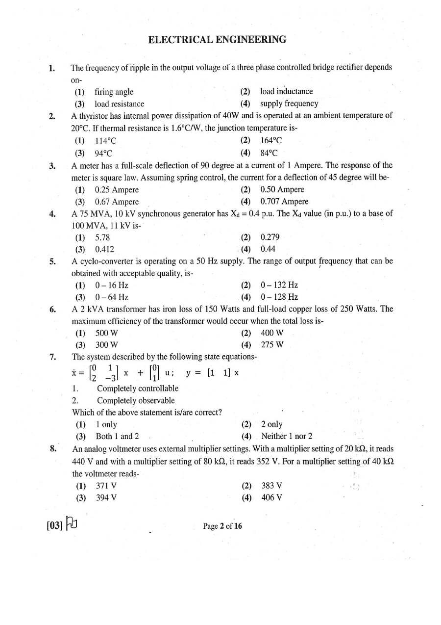 ASST. ENGINEER COMB. COMP. EXAM 2018 Electrical Engineering Paper-II question paper page 1 instructions scan PDF download RPSC