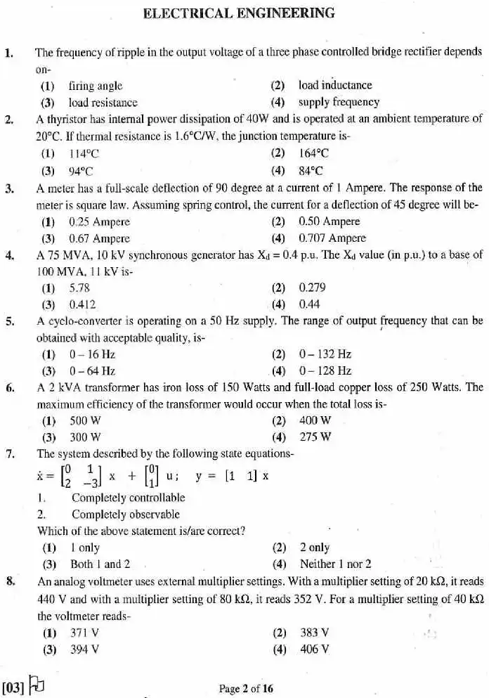 ASST. ENGINEER COMB. COMP. EXAM 2018 Electrical Engineering Paper-II question paper page 1 instructions scan PDF download RPSC