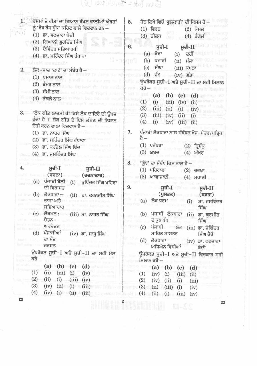 Asst. Prof. College Education 2020 Paper-II Punjabi question paper page 1 instructions scan PDF download RPSC
