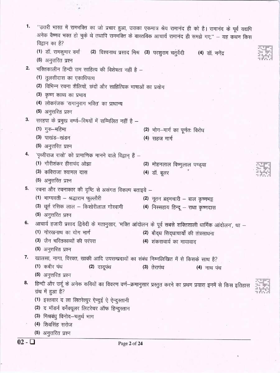 ASST. PROF., LIBRARIAN AND PTI (COLLEGE EDU.) EXAM 2023 Hindi Paper II question paper page 1 instructions scan PDF download
