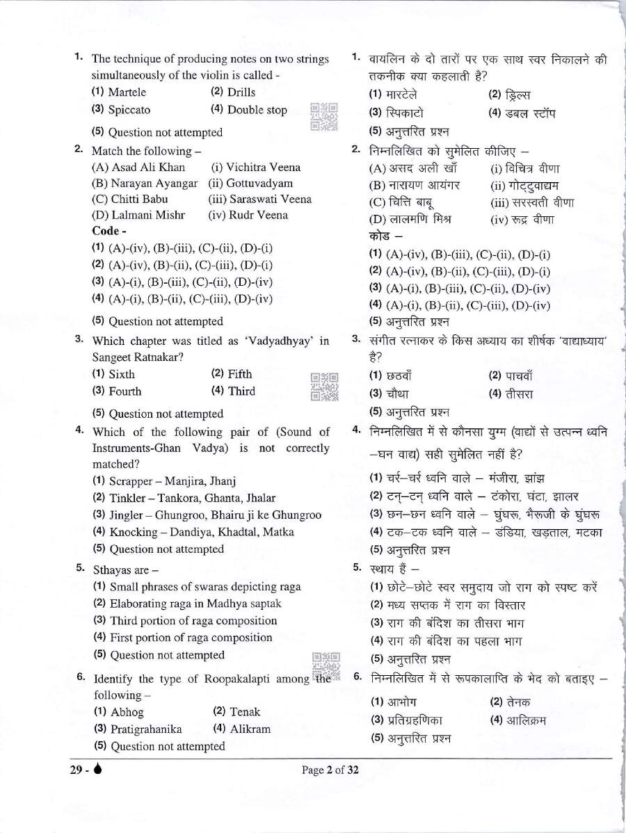 ASST. PROF. Music (Violin) Paper I 2023 RPSC question paper page 1 instructions scan PDF download