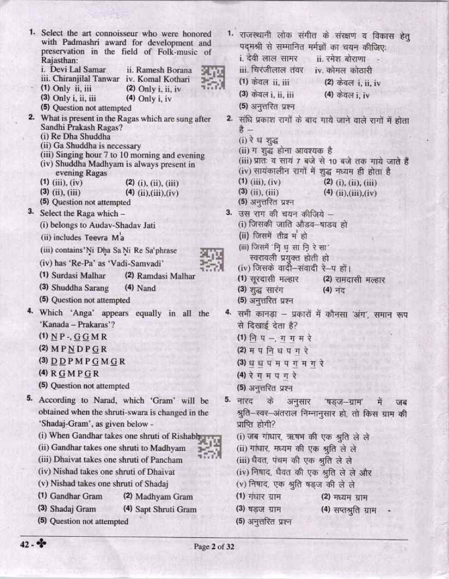 ASST. PROF. Music (Vocal) Paper II question paper 2023 page 1 instructions scan PDF download RPSC College Education Exam