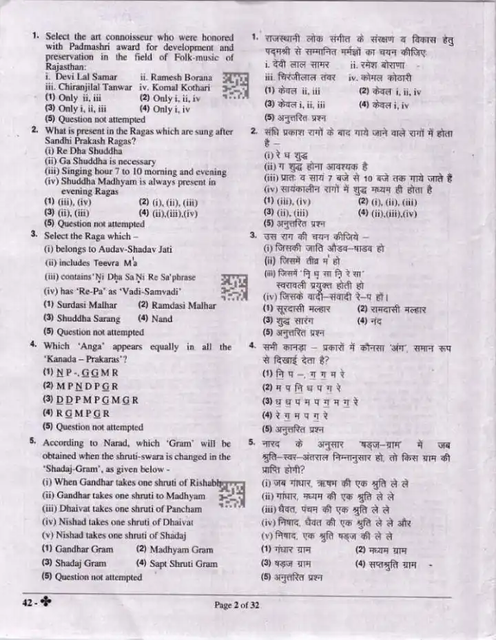ASST. PROF. Music (Vocal) Paper II question paper 2023 page 1 instructions scan PDF download RPSC College Education Exam