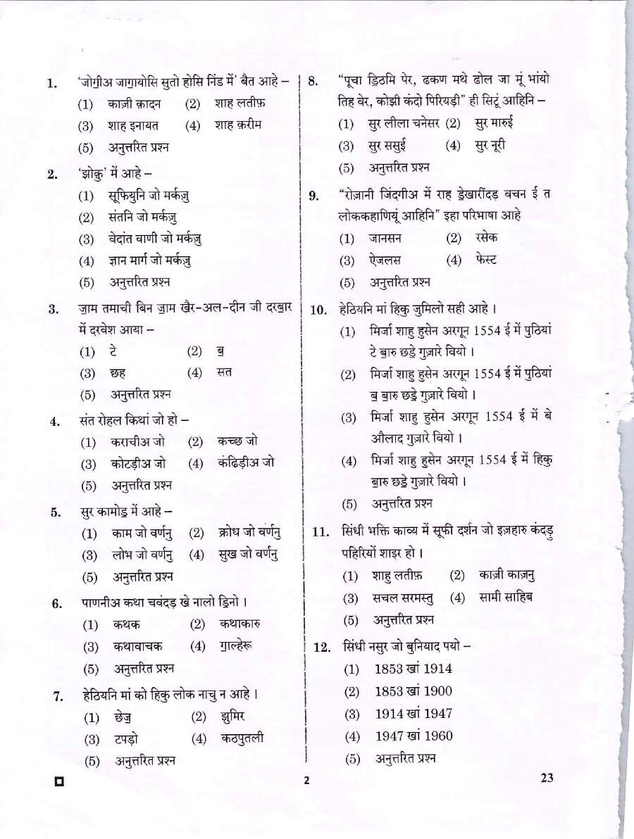 ASST. PROF., LIBRARIAN AND PTI EXAM 2023 Sindhi-I Paper-I question paper page 1 instructions scan PDF download RPSC