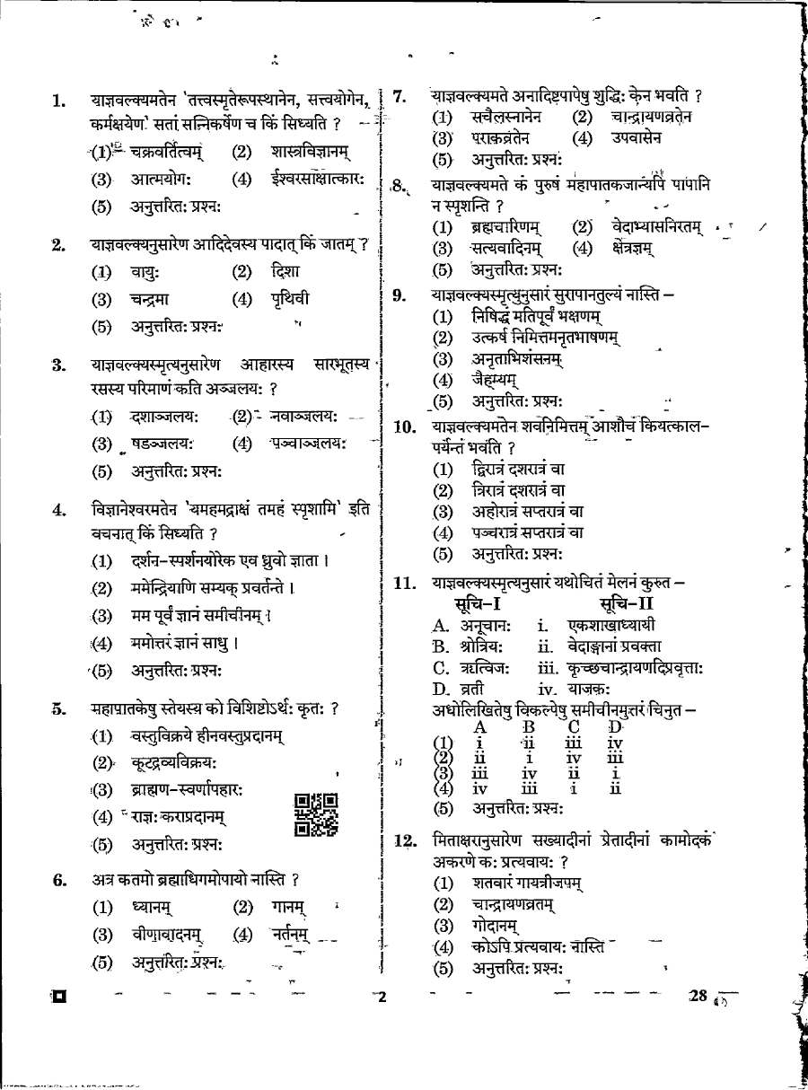 RPSC Asst. Prof. Dharmshastra-II 2024 question paper page 1 instructions scan PDF download