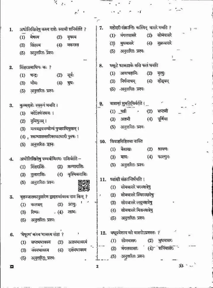 ASST. PROF. (SANSKRIT COLLEGE EDU.) 2024 Jyotish Falit-I Paper-I question paper page 1 scan PDF download, showing exam instructions and header.