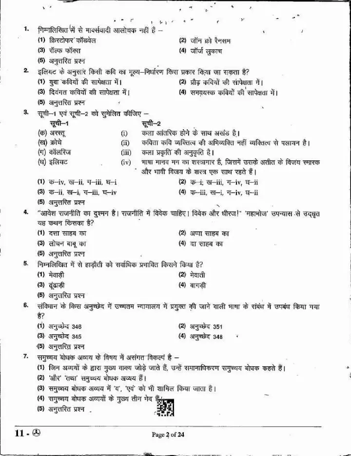 ASST. PROF. (Sanskrit College Edu.) 2024 Hindi-I question paper page 1 instructions scan PDF download