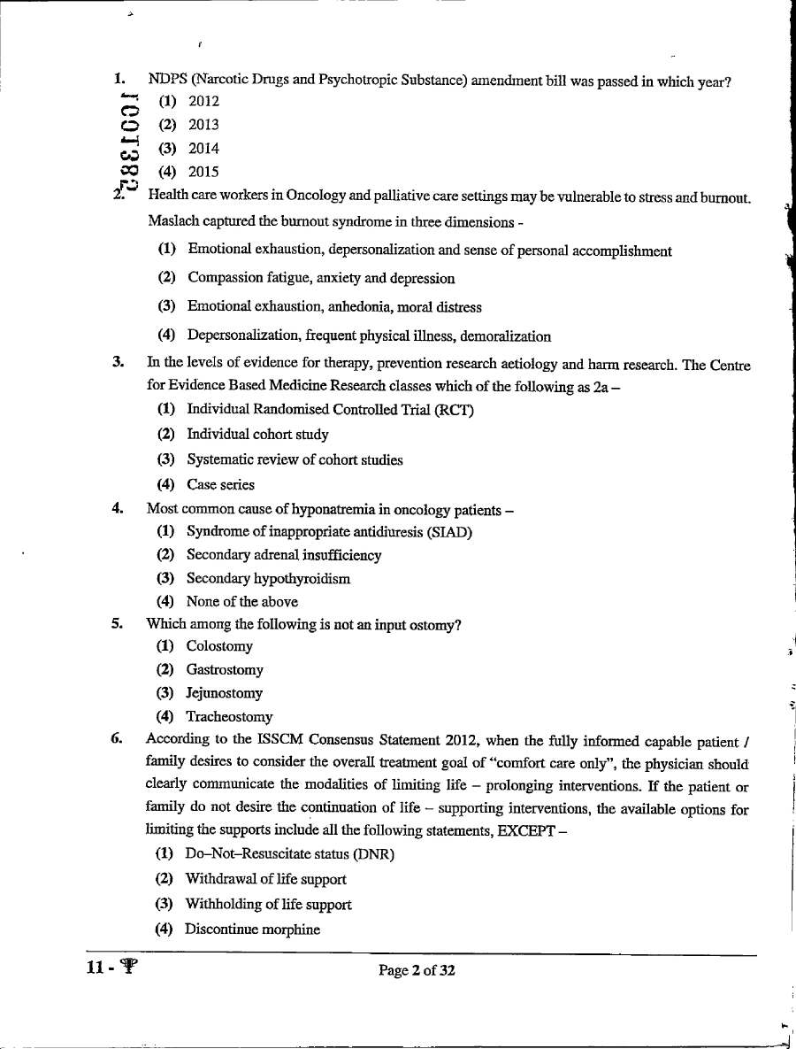 ASST. PROFESSOR (MEDICAL EDU.) 2021 Palliative Medicine question paper page 1 instructions scan PDF download RPSC