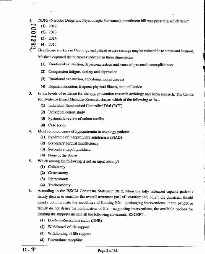 ASST. PROFESSOR (MEDICAL EDU.) 2021 Palliative Medicine question paper page 1 instructions scan PDF download RPSC