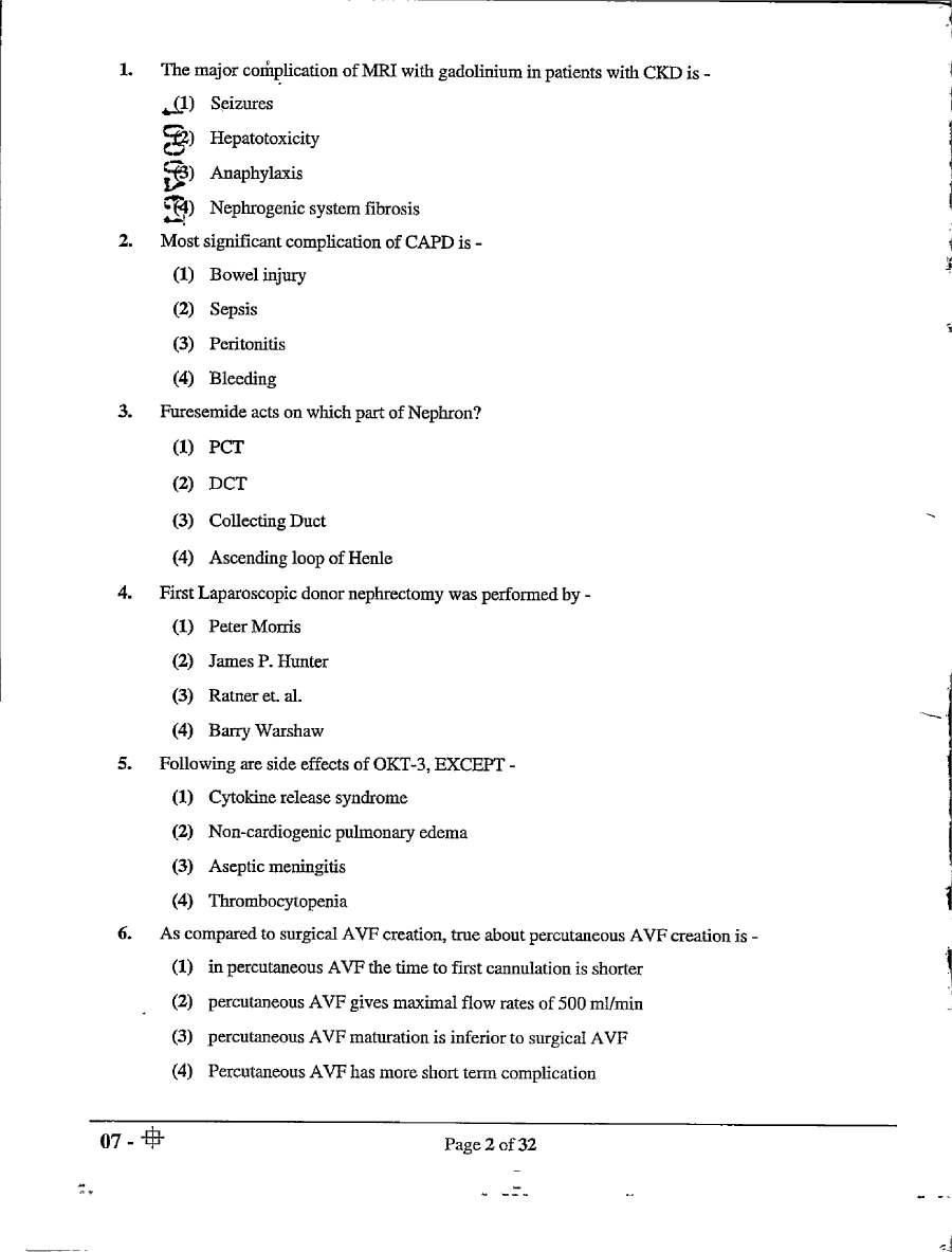 Asst. Professor Medical Edu. 2021 Renal Transplantation question paper page 1 instructions scan PDF download RPSC Urology exam
