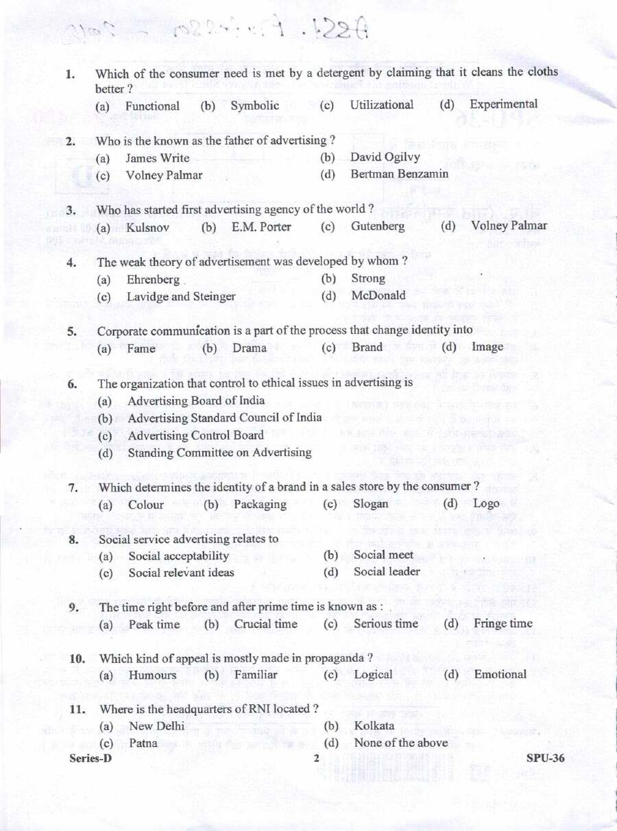 B.A. (Mass Communication) Question Paper — page 1 instructions scan PDF download