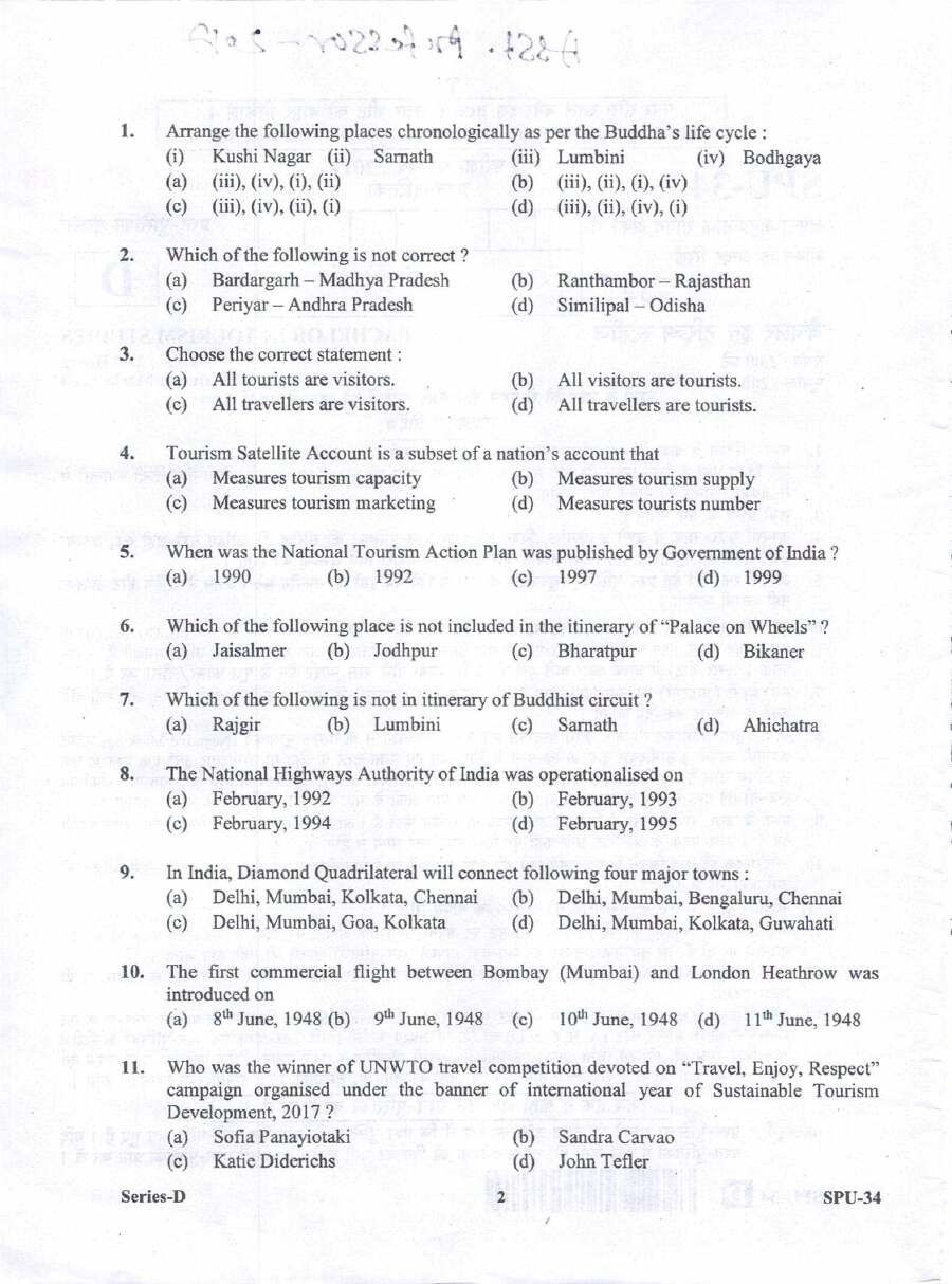 Bachelor in Tourism Studies 2017 Assistant Professor question paper page 1 instructions scan PDF download UKPSC
