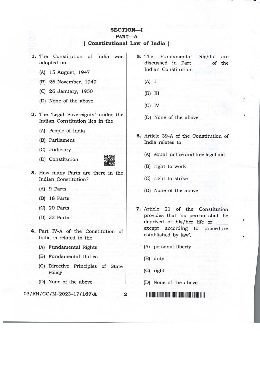 Bihar Government Jobs CCE Law Exam Paper — page 1 instructions scan PDF download