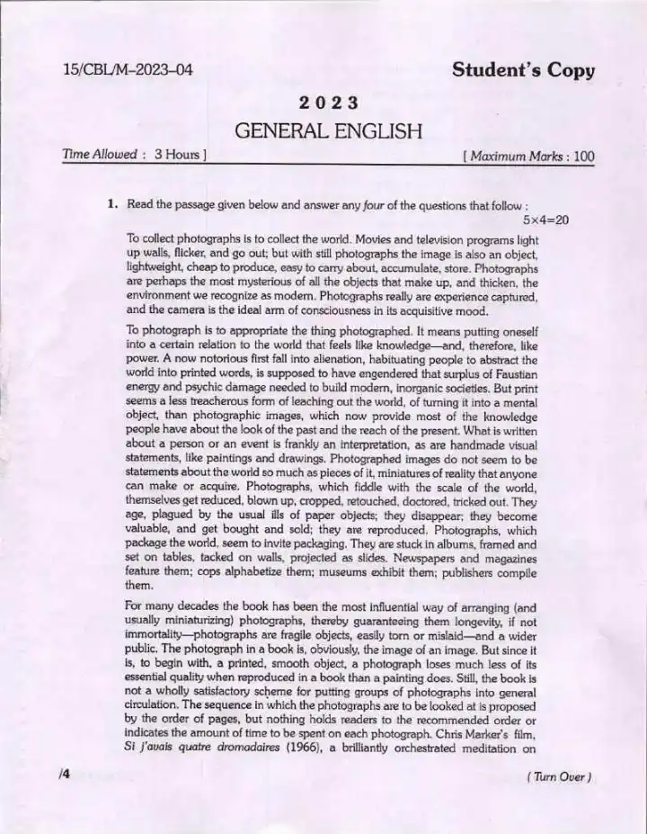 Bihar Judicial Service Competitive Examination 2023 General English question paper page 1 instructions and exam header scan PDF download