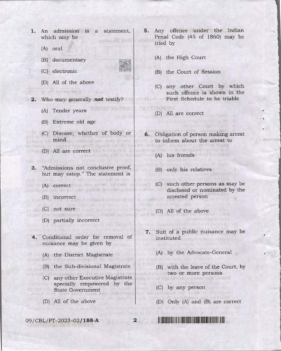 Bihar Judicial Service Law question paper page 1 instructions scan PDF download. BPSC Law exam previous year paper.