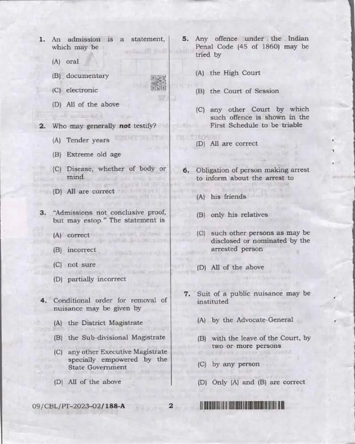 Bihar Judicial Service Law question paper page 1 instructions scan PDF download. BPSC Law exam previous year paper.