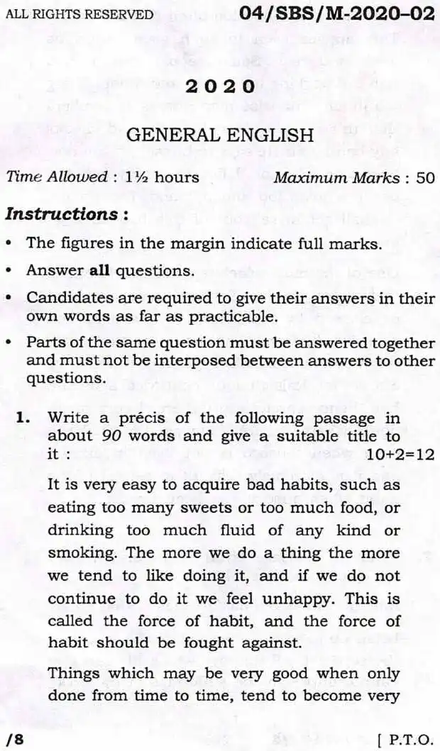 BPSC ACF 2020 General English question paper page 1 instructions scan PDF download