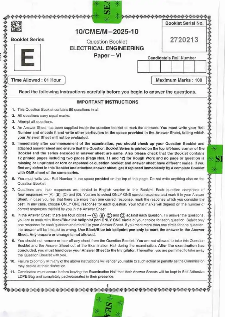 BPSC AE Electrical Engineering Paper VI question paper page 1 instructions scan PDF download for BPSC Assistant Engineer exam