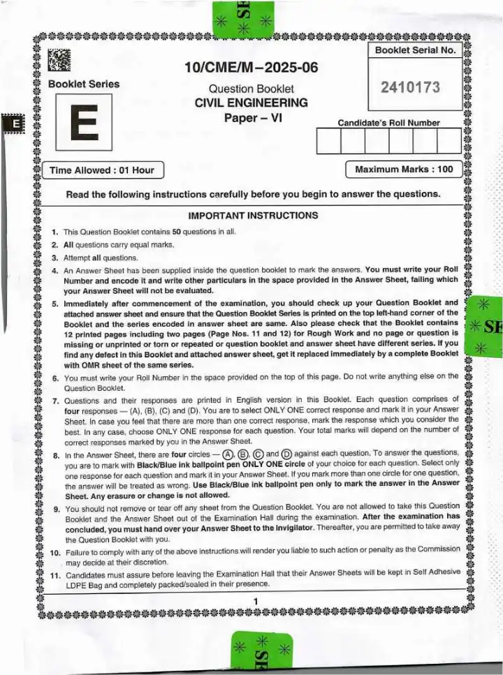 BPSC Assistant Engineer Civil Engineering Paper VI 2025 question paper page 1 instructions scan PDF download