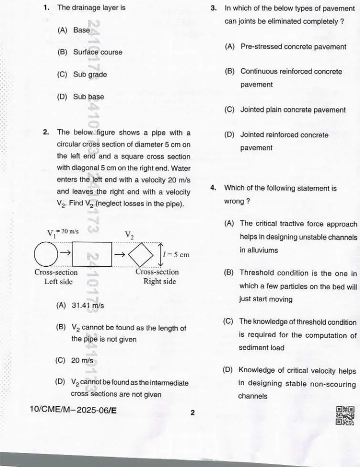 BPSC Assistant Engineer Civil Engineering Paper VI 2025 question paper page 1 instructions scan PDF download