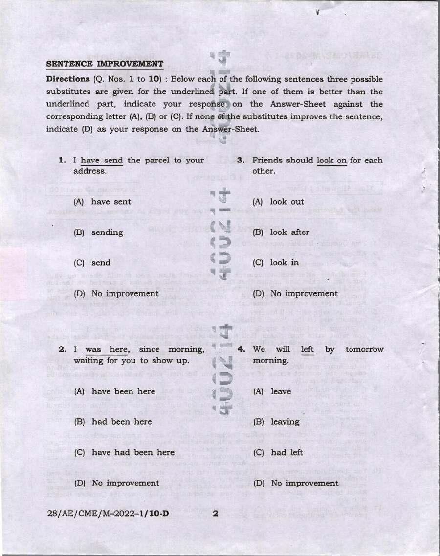 BPSC Assistant Engineer 2022 General English question paper page 1 instructions scan PDF download