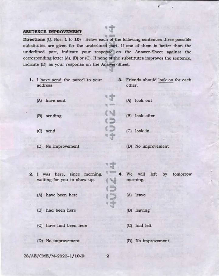 BPSC Assistant Engineer 2022 General English question paper page 1 instructions scan PDF download