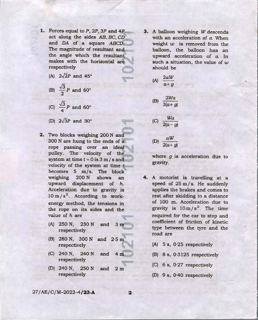 BPSC Assistant Engineer Civil-Mechanical-Electrical Paper IV General Engineering Science question paper page 1 scan, showing exam header and important instructions for candidates. PDF download.