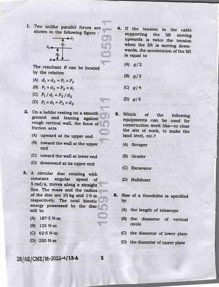 BPSC Assistant Engineer Civil-Mechanical-Electrical Paper IV General Engineering Science question paper page 1 scan, showing exam header and important instructions for candidates. PDF download.