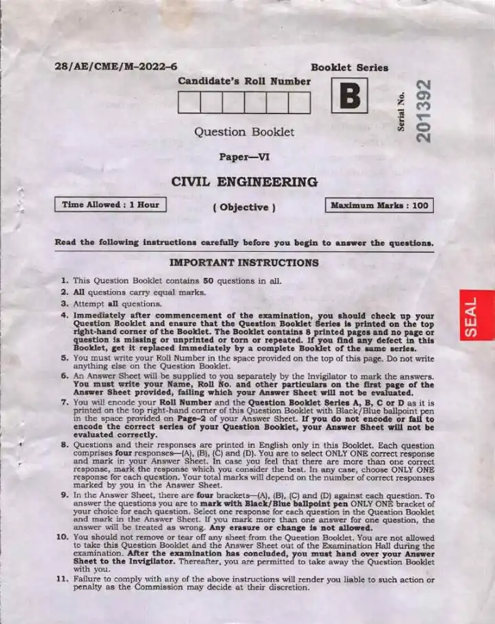 BPSC Assistant Engineer Civil-Mechanical-Electrical Paper VI Civil Engineering question paper page 1 instructions scan PDF download