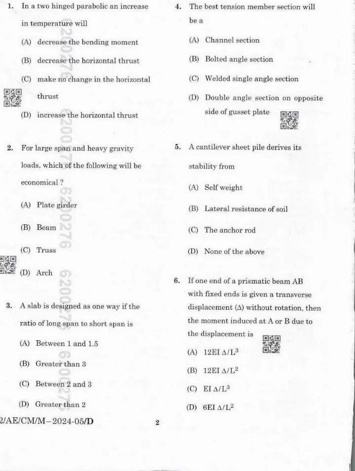BPSC Assistant Engineer Civil Paper V 2024 question paper page 1 instructions scan PDF download