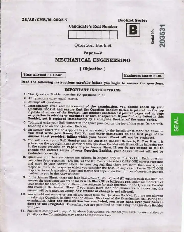 BPSC AE Mechanical Engineering Paper V question paper page 1 instructions scan PDF download