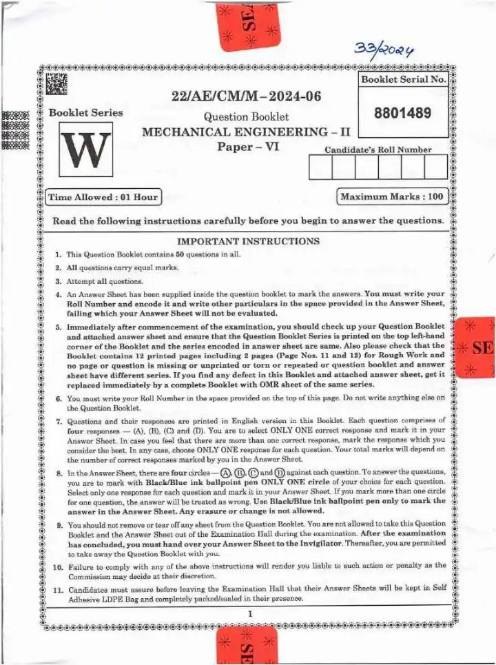 BPSC Assistant Engineer Mechanical Engineering Paper VI question paper page 1 instructions scan PDF download